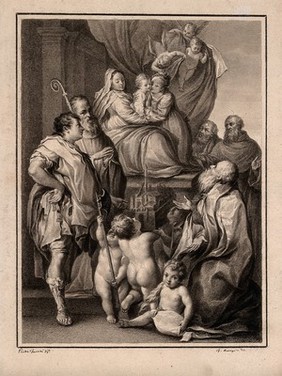 Saint Catherine of Alexandria embraces the Christ child who sits on the Virgin Mary's lap; with Saint Dominic, Saint Francis of Assisi, Saint Benedict (?), Saint Peter Martyr and Saint Petronius. Drawing by F. Rosaspina, c. 1830, after P. Faccini.