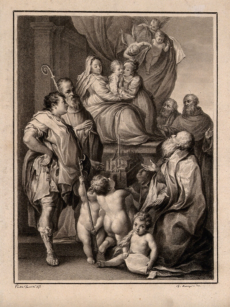 Saint Catherine of Alexandria embraces the Christ child who sits on the Virgin Mary's lap; with Saint Dominic, Saint Francis of Assisi, Saint Benedict (?), Saint Peter Martyr and Saint Petronius. Drawing by F. Rosaspina, c. 1830, after P. Faccini., by Pietro Faccini