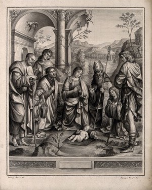 view The Virgin Mary with the Christ child, Saint Augustine, Saint Antony, two angels, Antonio Galeazzo Bentivoglio (the patron) and a shepherd. Drawing by F. Rosaspina, c. 1830, after F. Francia.