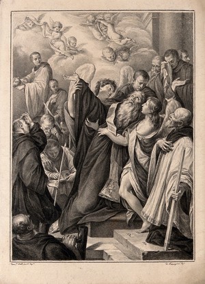 view The death of Saint Benedict. Drawing by F. Rosaspina, c. 1830, after D.M. Canuti.