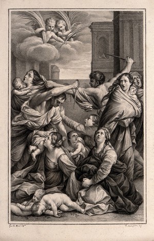 view The massacre of the innocents. Drawing by F. Rosaspina, c. 1830, after G. Reni.