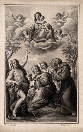 The Virgin Mary with the Christ child in glory above, with Saint John the Baptist, Saint Mark and Saint Francis below. Drawing by F. Rosaspina, c. 1830, after F. Albani.