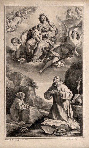 view The Virgin and Child appear to Saint Bruno. Drawing by F. Rosaspina, c. 1830, after G.F. Barbieri, il Guercino, 1647.