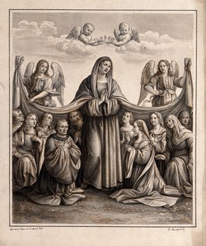 view The coronation of the Virgin. Coloured drawing by F. Rosaspina, c. 1830, after I. di P. Francucci.