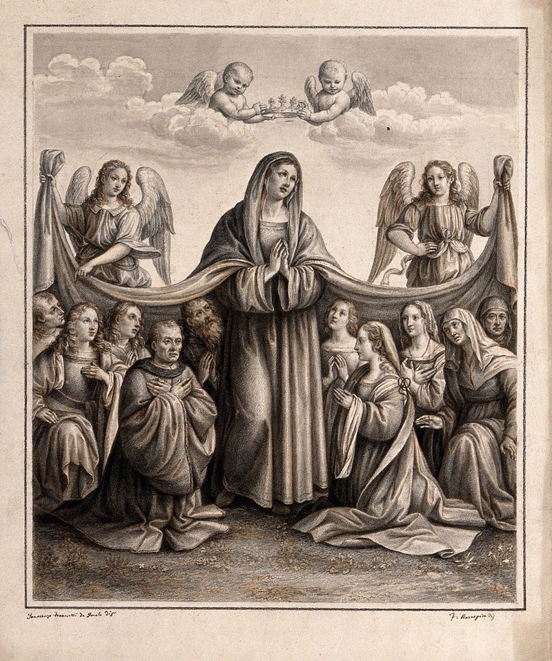 The coronation of the Virgin. Coloured drawing by F. Rosaspina, c. 1830, after I. di P. Francucci., by Innocenzo di Pietro Francucci da Imola