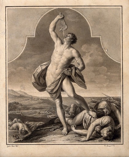 Samson, victorious over the combined powers of the Philistines, holds the jaw of the ass up high. Drawing by F. Rosaspina, c. 1830, after G. Reni.