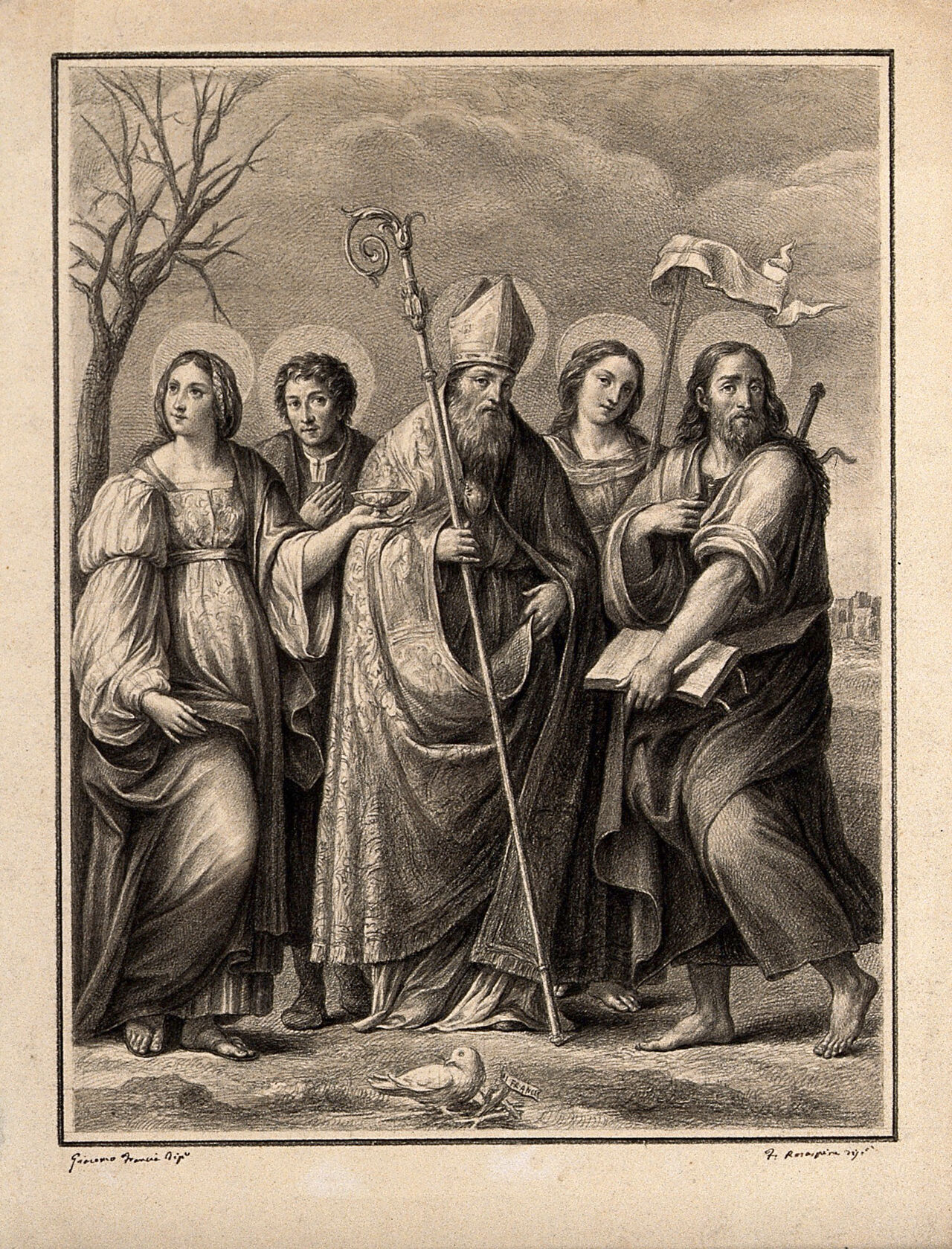 Bishop Frigidian (Fridian, Frediano) flanked by Saint Lucy, a donor, Saint Ursula and Saint James. Drawing by F. Rosaspina, c. 1830, after G. Francia., by Giacomo Raibolini
