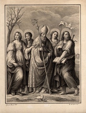 Bishop Frigidian (Fridian, Frediano) flanked by Saint Lucy, a donor, Saint Ursula and Saint James. Drawing by F. Rosaspina, c. 1830, after G. Francia.