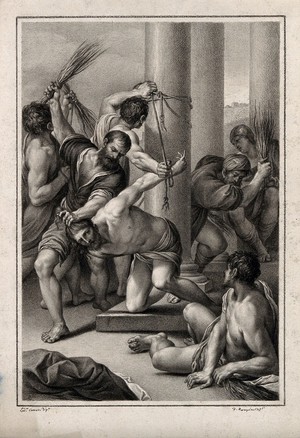 view The binding and flagellation of Christ. Drawing by F. Rosaspina, c. 1830, after L. Carracci.