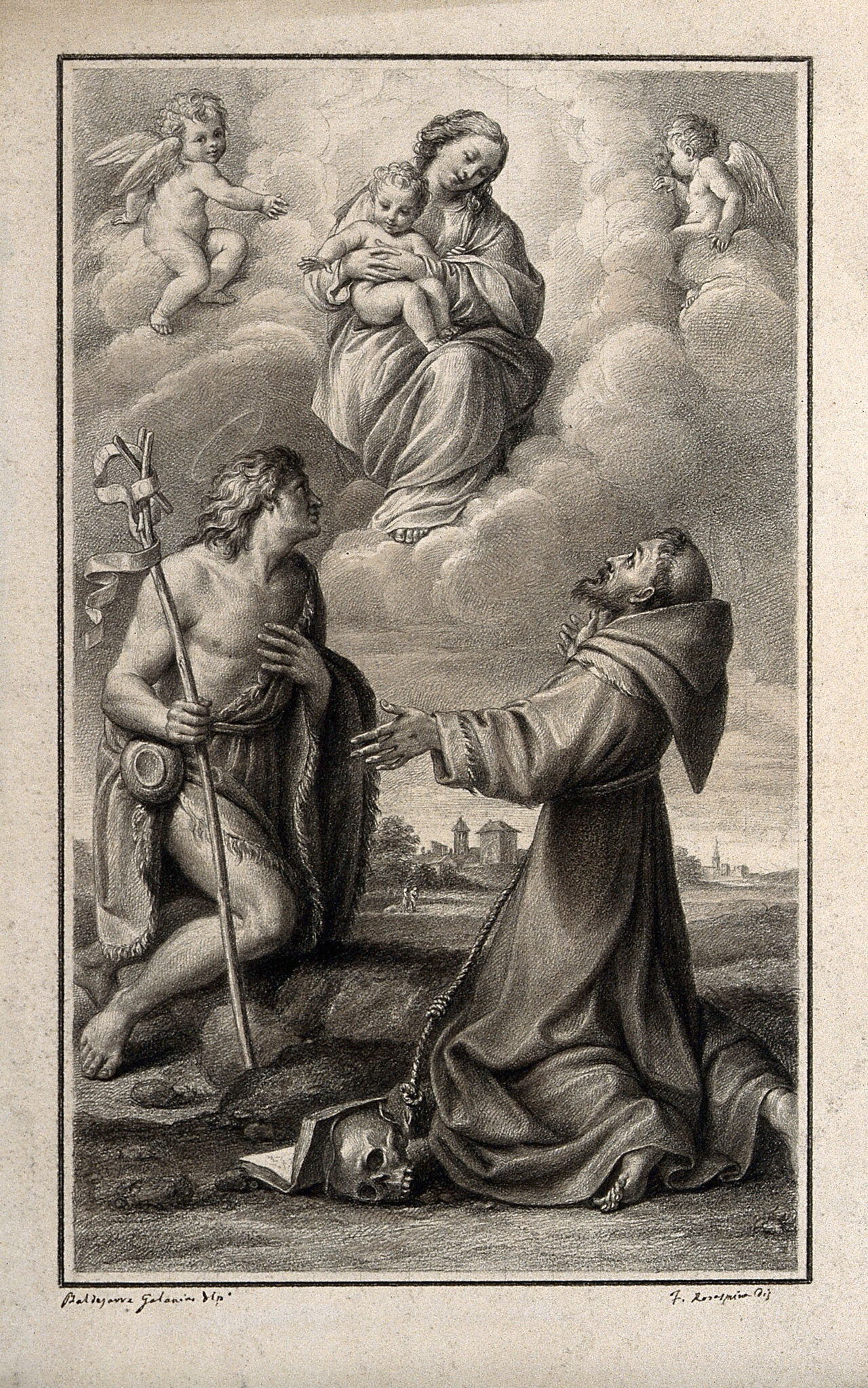The Virgin and Christ child with Saint John the Baptist and Saint Francis. Drawing by F. Rosaspina, c. 1830, after B. Aloisi, il Galanini., by Baldassare Aloisi