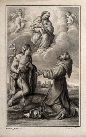 view The Virgin and Christ child with Saint John the Baptist and Saint Francis. Drawing by F. Rosaspina, c. 1830, after B. Aloisi, il Galanini.