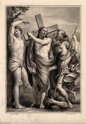 Saint Sebastian, Christ with crucifix, Saint Francis and Saint Michael and a vanquished demon. Drawing by F. Rosaspina, c. 1830, after G.G. Sementi.