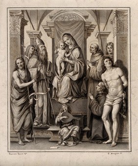 The Virgin Mary and Christ child with saints (the 'Felicini' altar piece). Drawing by F. Rosaspina, c. 1830, after F. Francia, 1494.