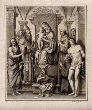 view The Virgin Mary and Christ child with saints (the 'Felicini' altar piece). Drawing by F. Rosaspina, c. 1830, after F. Francia, 1494.