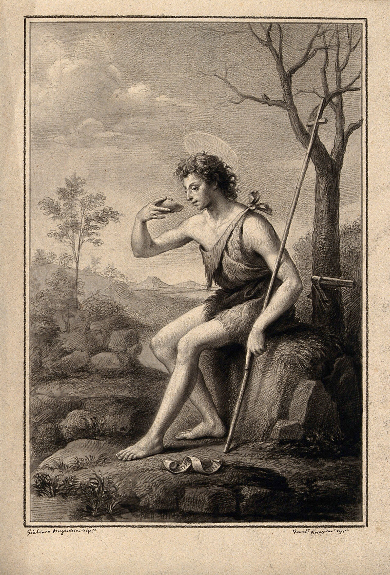 John the Baptist as a youth in the wilderness. Drawing by F. Rosaspina, c. 1830, after G. Bugiardini., by Giuliano Bugiardini