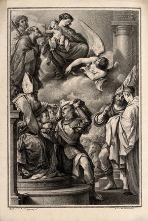 view William of Aquitaine, a retiring warrior, receives a monk's habit from the abbot Benedict of Aniane. Drawing by F. Rosaspina, c. 1830, after G.F. Barbieri, il Guercino, 1620.