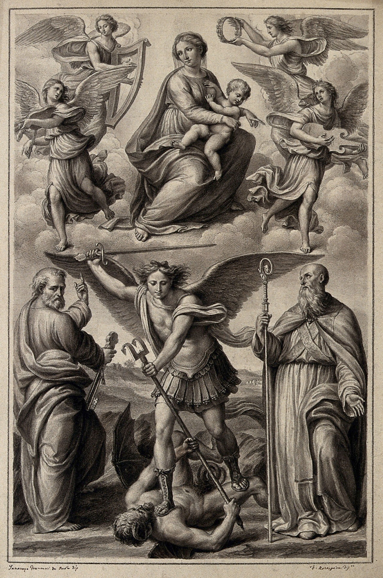 Saint Michael stands upon the defeated devil; Saint Peter and Saint Benedict flank him; above the Virgin and child sit among angelic musicians. Drawing by F. Rosaspina, c. 1830, after I. Francucci da Imola., by Innocenzo di Pietro Francucci da Imola