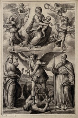 Saint Michael stands upon the defeated devil; Saint Peter and Saint Benedict flank him; above the Virgin and child sit among angelic musicians. Drawing by F. Rosaspina, c. 1830, after I. Francucci da Imola.