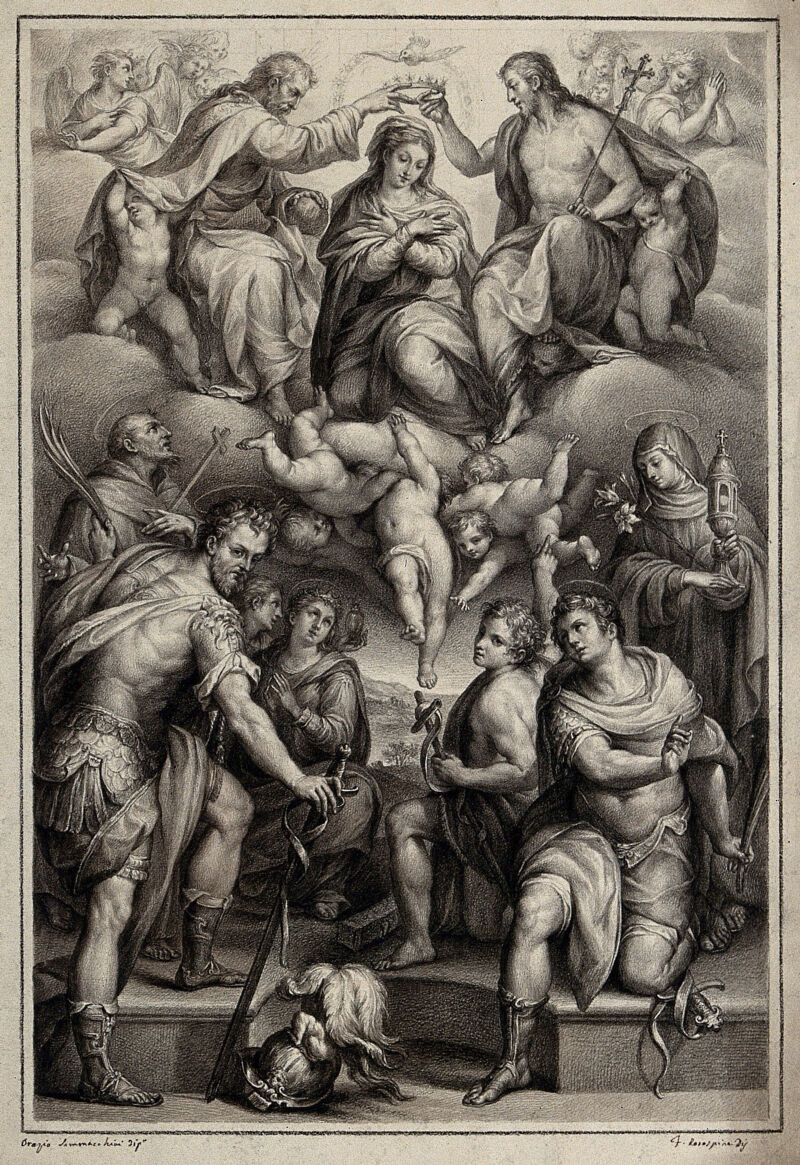 The Virgin being crowned in heaven with Saint Nabor and Saint Felix, Saint John the Baptist, Saint Francis, Saint Clare and Saint Catherine. Drawing by F. Rosaspina, c. 1830, after O. Samacchini., by Orazio Samacchini