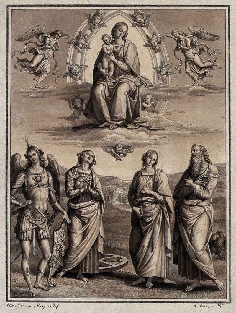 The Virgin with four saints: the archangel Michael, Saint Catherine of Alexandria, Saint Apollonia and Saint John the Evangelist. Drawing by F. Rosaspina, c. 1830, after P. Vannucci, il Perugino., by Pietro Perugino