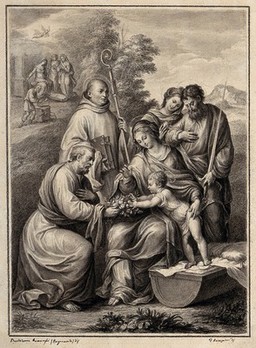 The Virgin Mary and Christ child, Saint Paul, Saint Mary Magdalene, Saint Benedict and Saint Joseph. Drawing by F. Rosaspina, c. 1830, after B. Ramenghi, il Bagnacavallo.