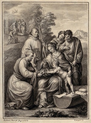 view The Virgin Mary and Christ child, Saint Paul, Saint Mary Magdalene, Saint Benedict and Saint Joseph. Drawing by F. Rosaspina, c. 1830, after B. Ramenghi, il Bagnacavallo.