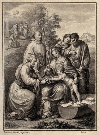 The Virgin Mary and Christ child, Saint Paul, Saint Mary Magdalene, Saint Benedict and Saint Joseph. Drawing by F. Rosaspina, c. 1830, after B. Ramenghi, il Bagnacavallo.