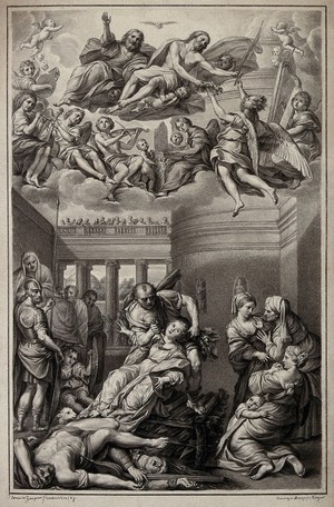 view The martyrdom of Saint Agnes: she is stabbed, and an angel receives the martyr's palm from Christ for bestowal upon her. Drawing by F. Rosaspina, c. 1830, after D. Zampieri, il Domenichino.