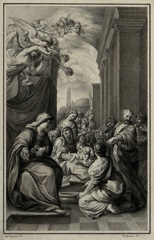 view The birth of John the Baptist. Drawing by F. Rosaspina, c. 1830, after L. Carracci.