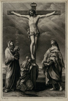 The crucifixion of Christ with the Virgin Mary, Mary Magdalene and John the apostle. Drawing by F. Rosaspina, c. 1830, after G. Reni.