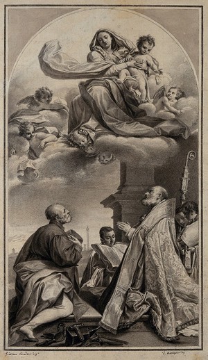 view The Virgin Mary and Christ child with Eloi (Eligius), bishop of Oise (and patron saint of Bologna). Drawing by F. Rosaspina, c. 1830, after G. Cavedone, 1614.