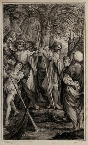 John the Baptist preaching to a crowd at the river Jordan. Drawing by F. Rosaspina, c. 1830, after L. Carracci.