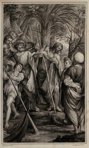 view John the Baptist preaching to a crowd at the river Jordan. Drawing by F. Rosaspina, c. 1830, after L. Carracci.