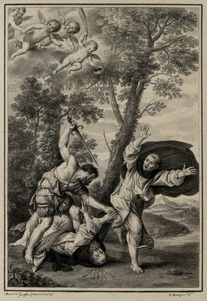 view Saint Peter Martyr and his companion attacked by an assassin with a sword. Drawing by F. Rosaspina, c. 1830, after D. Zampieri, il Domenichino.