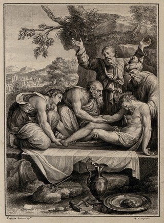Christ's body is carried to its tomb. Drawing by F. Rosaspina, c. 1830, after P. Fontana.