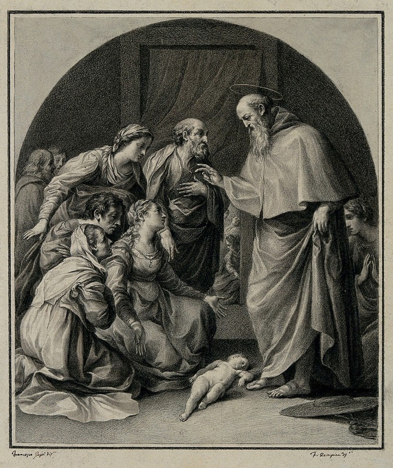 Saint Bonaventure resuscitates a dead child. Drawing by F. Rosaspina, c. 1830, after F.G. Gessi., by Francesco Gessi