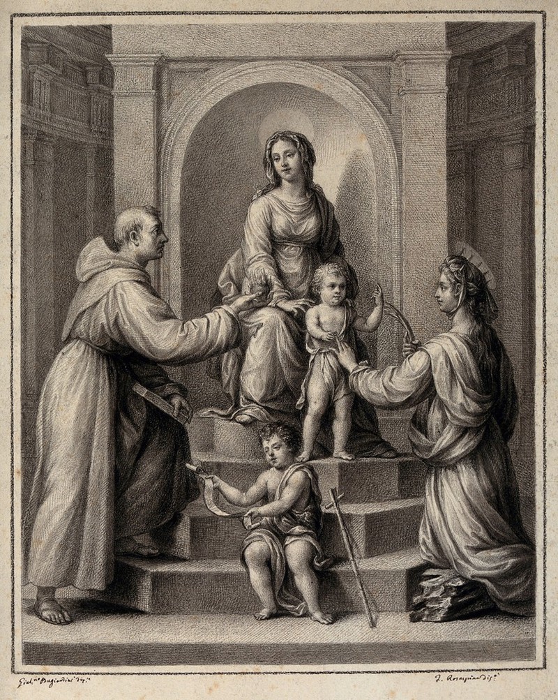 The Virgin Mary and Christ child with Saint Antony of Padua, Saint Catherine of Alexandria and Saint John the Baptist as a child. Drawing by F. Rosaspina, c. 1830, after G. Bugiardini., by Giuliano Bugiardini