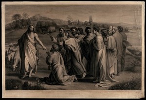 view Christ's charge to Saint Peter. Engraving by T. Holloway, R. Slann and T.S. Webb, 1810, after Raphael.