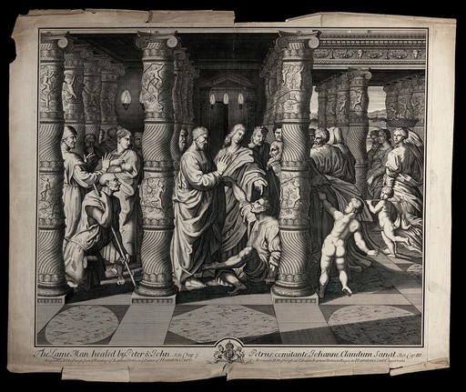 St. Peter and St. John healing the lame man at the temple gate. Engraving by H. Hulbergh after Raphael.