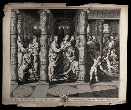 Saint Peter and Saint John healing the lame man at the temple gate. Engraving by H. Hulsberg after Raphael.