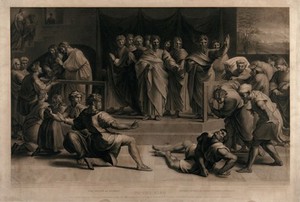 view The death of Ananias. Engraving by T. Holloway, J. Holloway, R. Slann and T.S. Webb, 1816, after Raphael.