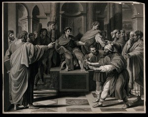 view Elymas the sorcerer struck with blindness. Engraving by T. Holloway, J. Holloway, R. Slann and T.S. Webb, 1820, after Raphael.