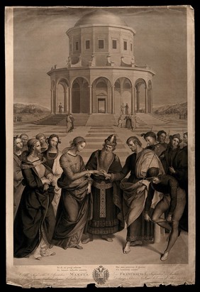 The betrothal of the Virgin. Engraving by G. Longhi, 1820, after Raphael, 1504.