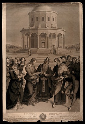 view The betrothal of the Virgin. Engraving by G. Longhi, 1820, after Raphael, 1504.