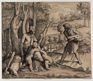view Adam and Eve after the expulsion from Paradise. Colour lithograph by N. Consoni after Raphael.