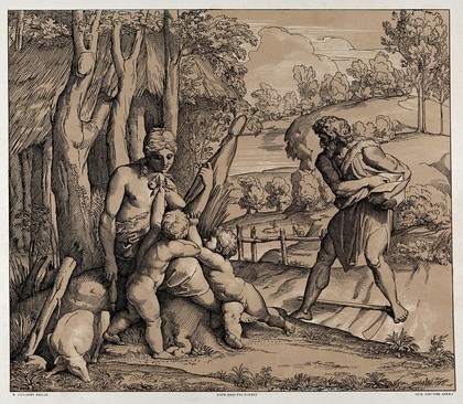 Adam and Eve after the expulsion from Paradise. Colour lithograph by N. Consoni after Raphael.