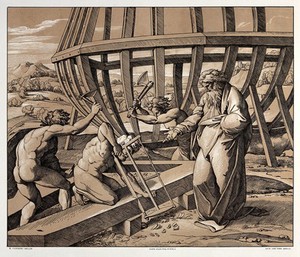 view The construction of the ark of Noah. Colour lithograph by L. Gruner after N. Consoni after Raphael.