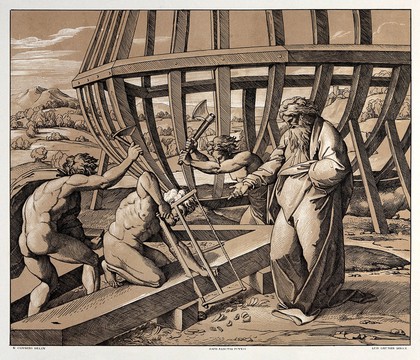 The construction of the ark of Noah. Colour lithograph by L. Gruner after N. Consoni after Raphael.