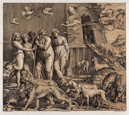 The surviving leave the ark after the deluge. Colour lithograph by L. Gruner after N. Consoni after Raphael.