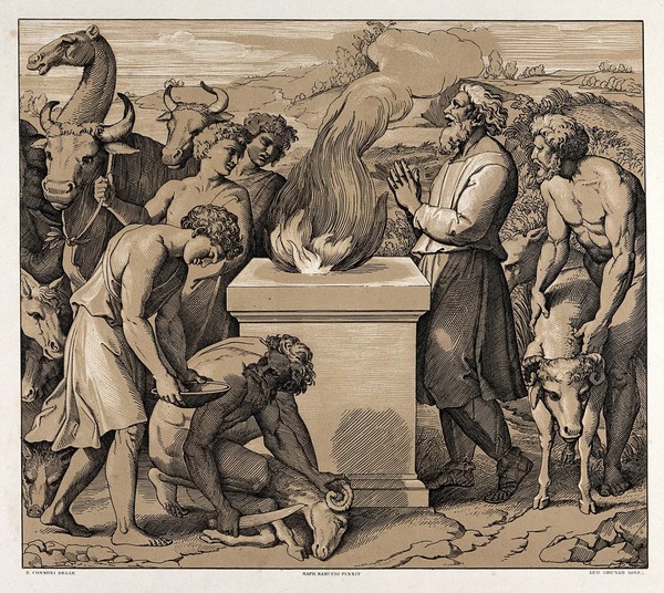 Noah burning offerings on an altar after the end of the deluge. Colour lithograph by L. Gruner after N. Consoni after Raphael.